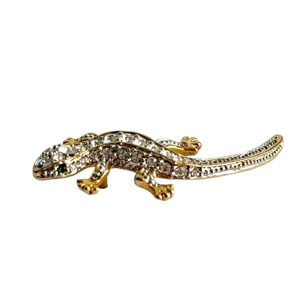 Vintage Lizard Gecko Rhinestone Brooch Reptile Pin Green Eye Gold Tone